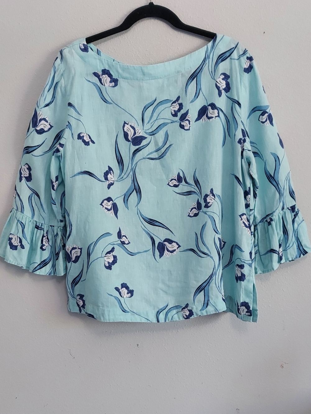 Charter Club Linen Blue Floral Blouse 3/4 Ruffle Bell Sleeve XL Coastal Grandma - Picture 3 of 7